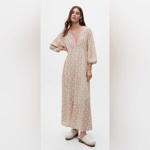 Pull&Bear Cream and Pink Patterned Maxi Dress